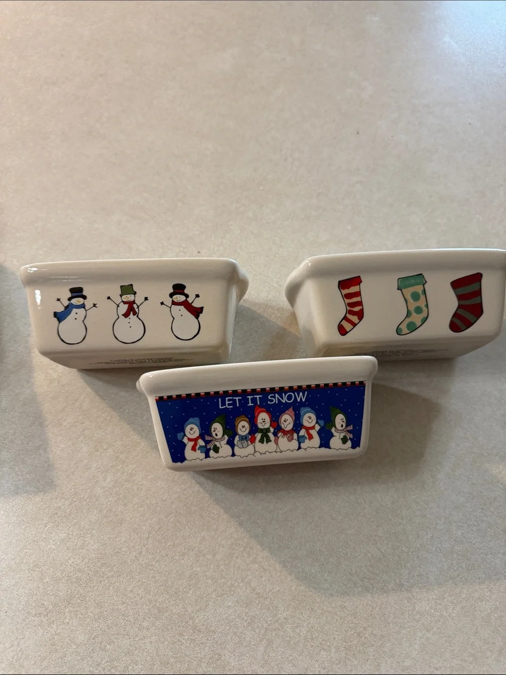 Holiday Snowman Ceramic Ramekin Set - White with Festive Prints